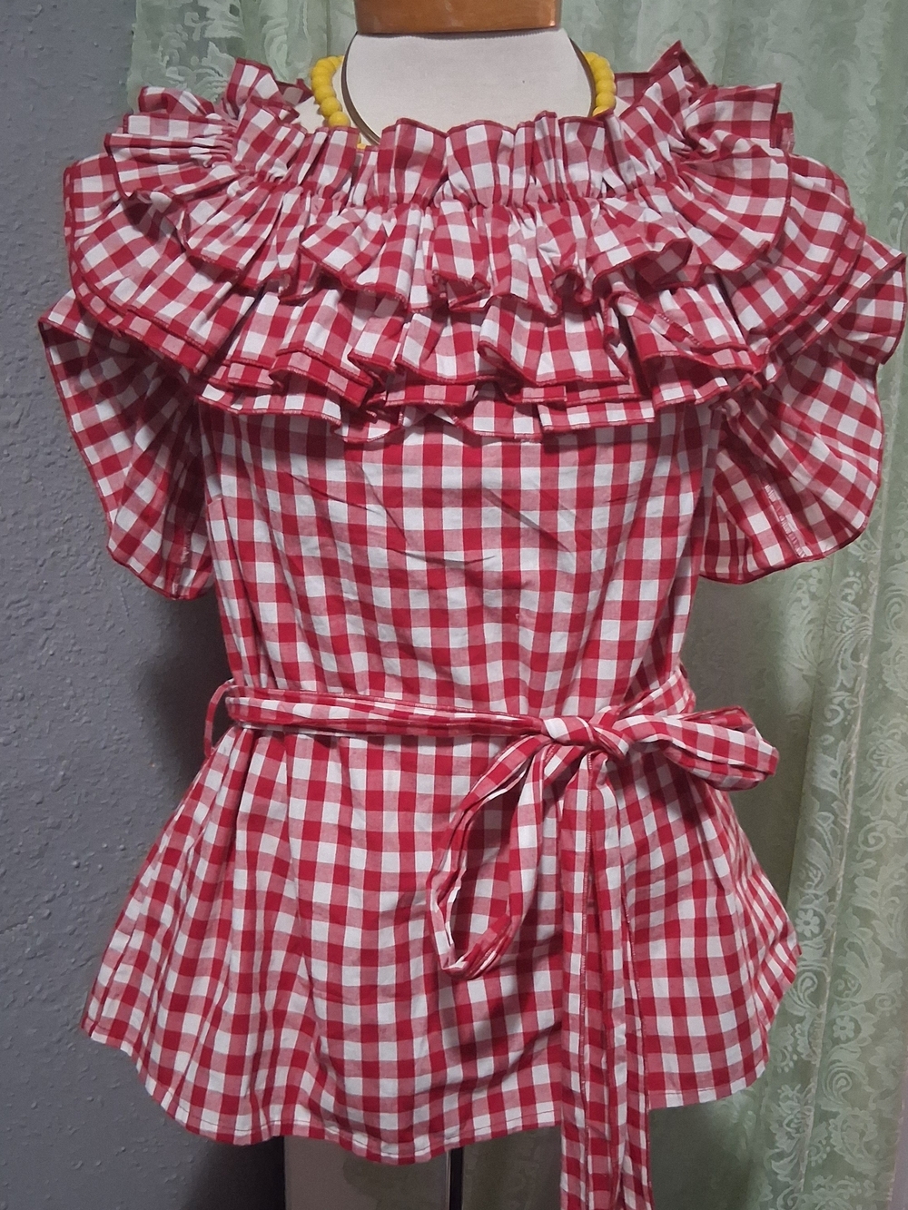 Ashley Stewart Red and White Gingham Ruffle Belted Top